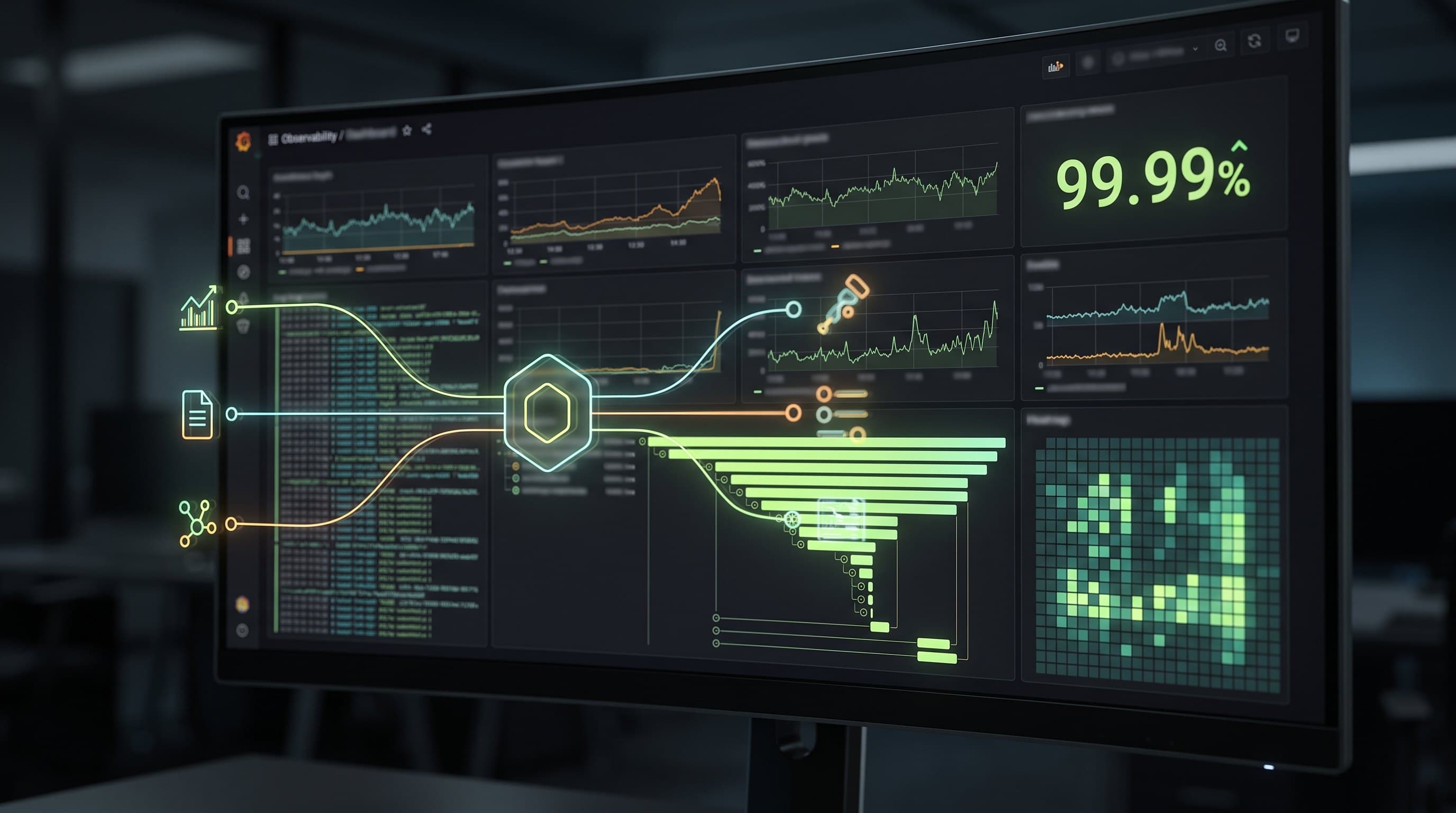 Dunkles Observability-Dashboard mit Metriken, Logs, Heatmap und einem Trace-Wasserfall, davor eine OpenTelemetry-Pipeline