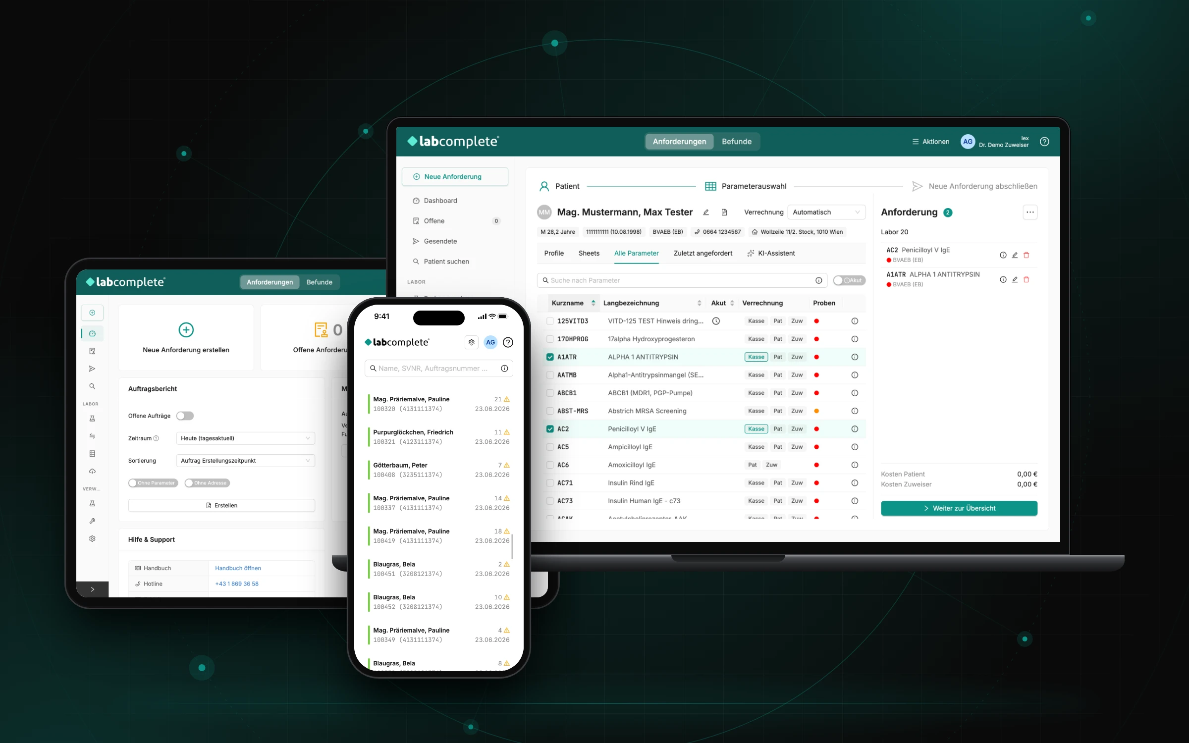 labcomplete® on laptop, tablet and smartphone: parameter selection for a lab request and the list of requests