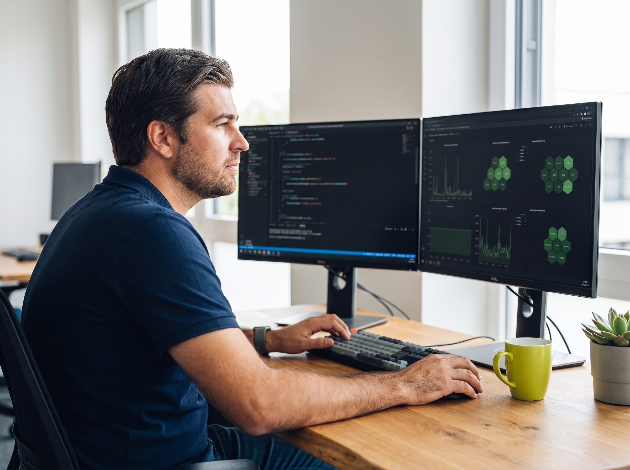 Developer at a desk with code on one screen and a monitoring dashboard on the other