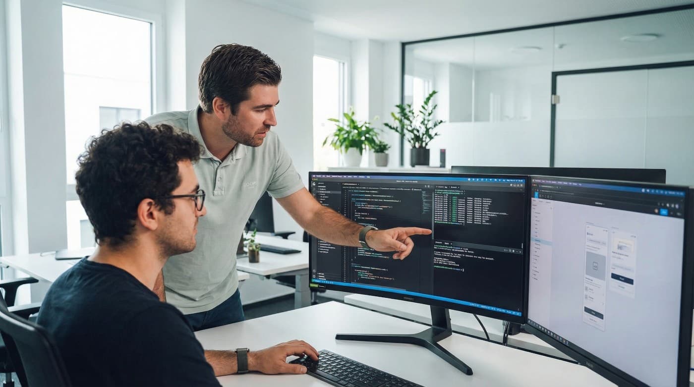Two developers discussing code on a screen