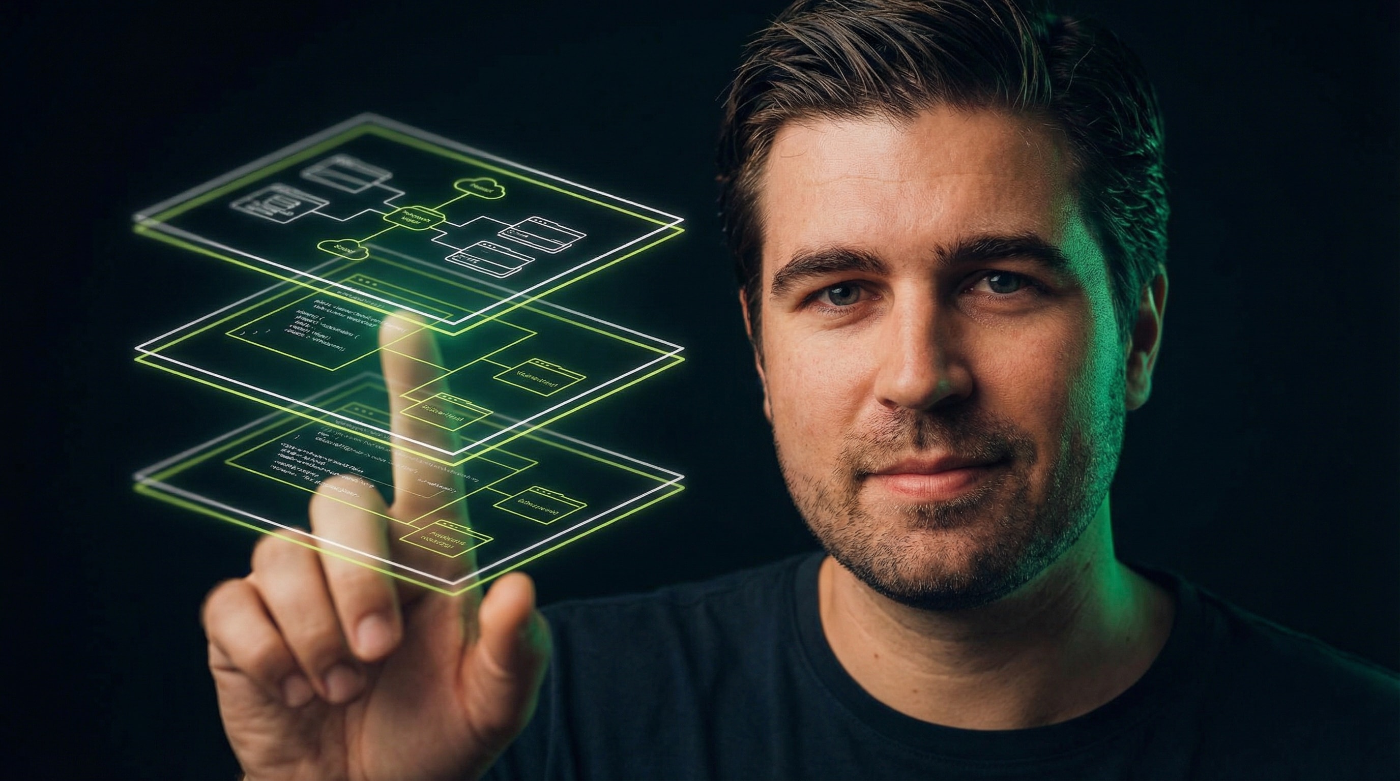 Alexander Gassner in front of a glowing, layered architecture diagram