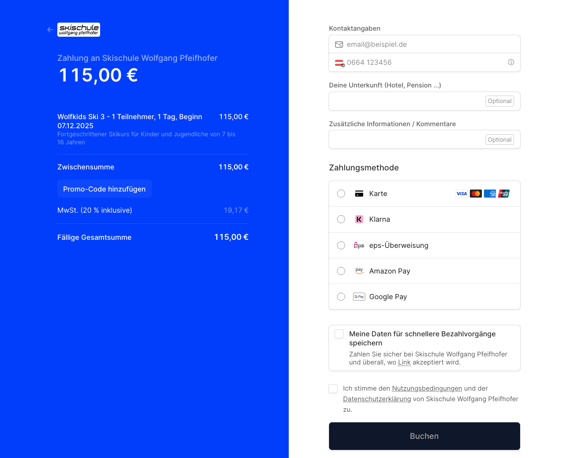 Skischule Wolfgang Pfeifhofer Online-Buchung Checkout
