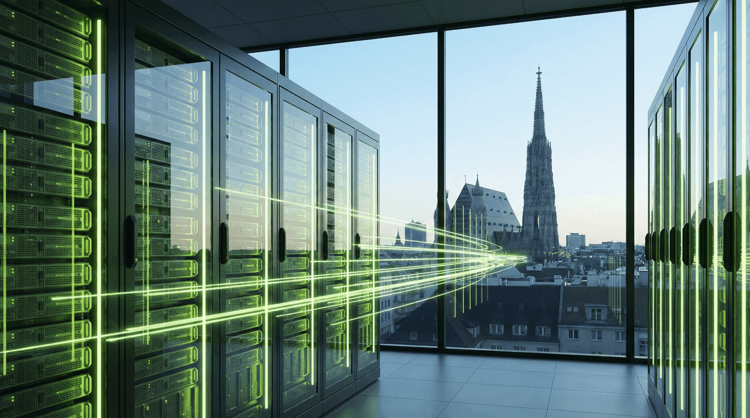 Server racks in a data centre, with St. Stephen's Cathedral in Vienna visible through the windows