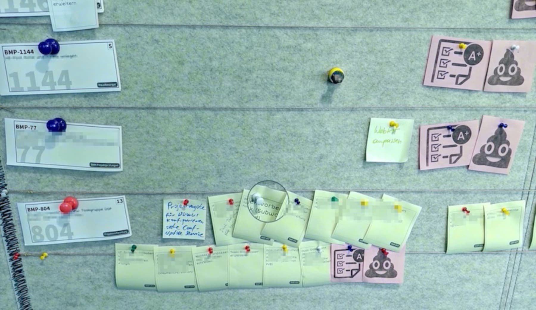 Agiles Board an einer Filzwand mit Story- und Task-Zetteln, die Possy gedruckt hat