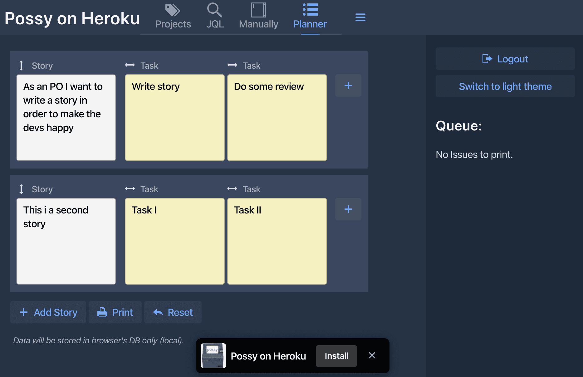 Possy Planner: zwei Stories mit je zwei Tasks als Karten, darunter die Schaltflächen zum Hinzufügen und Drucken